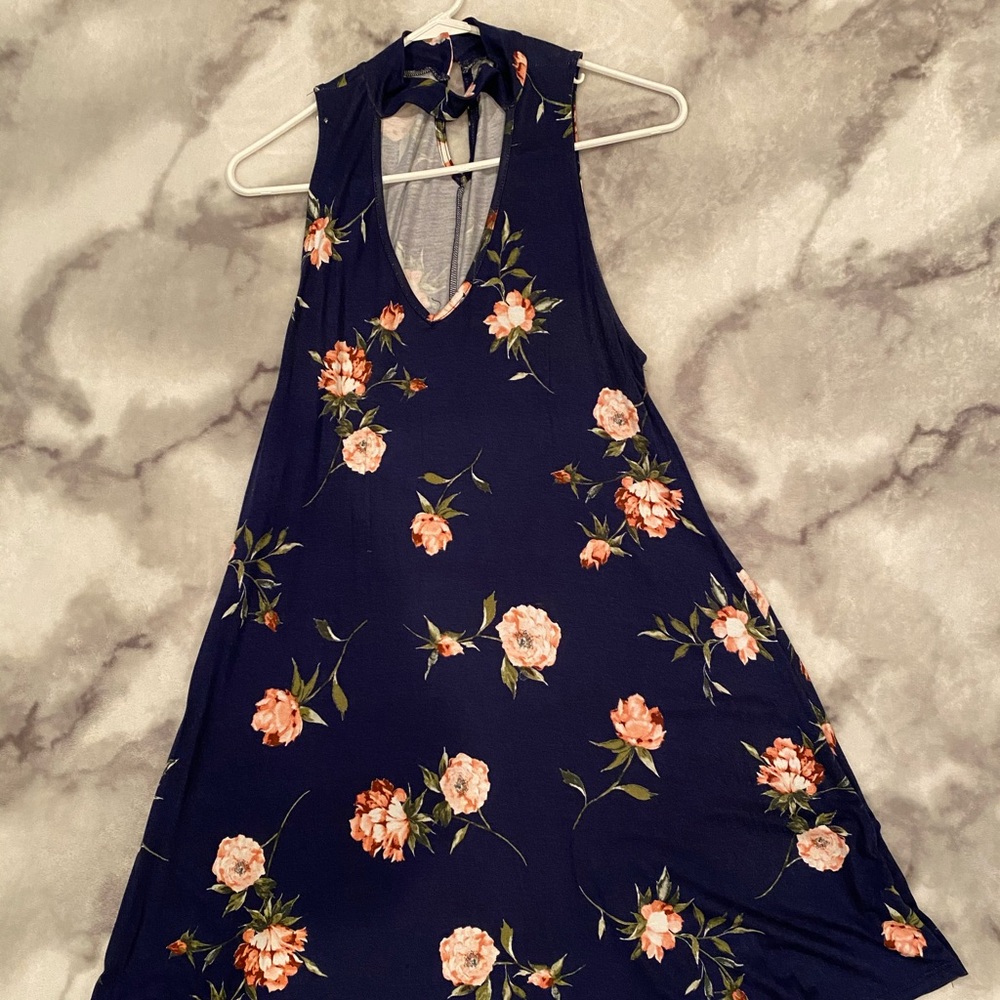 Navy blue & pink floral cotton dress